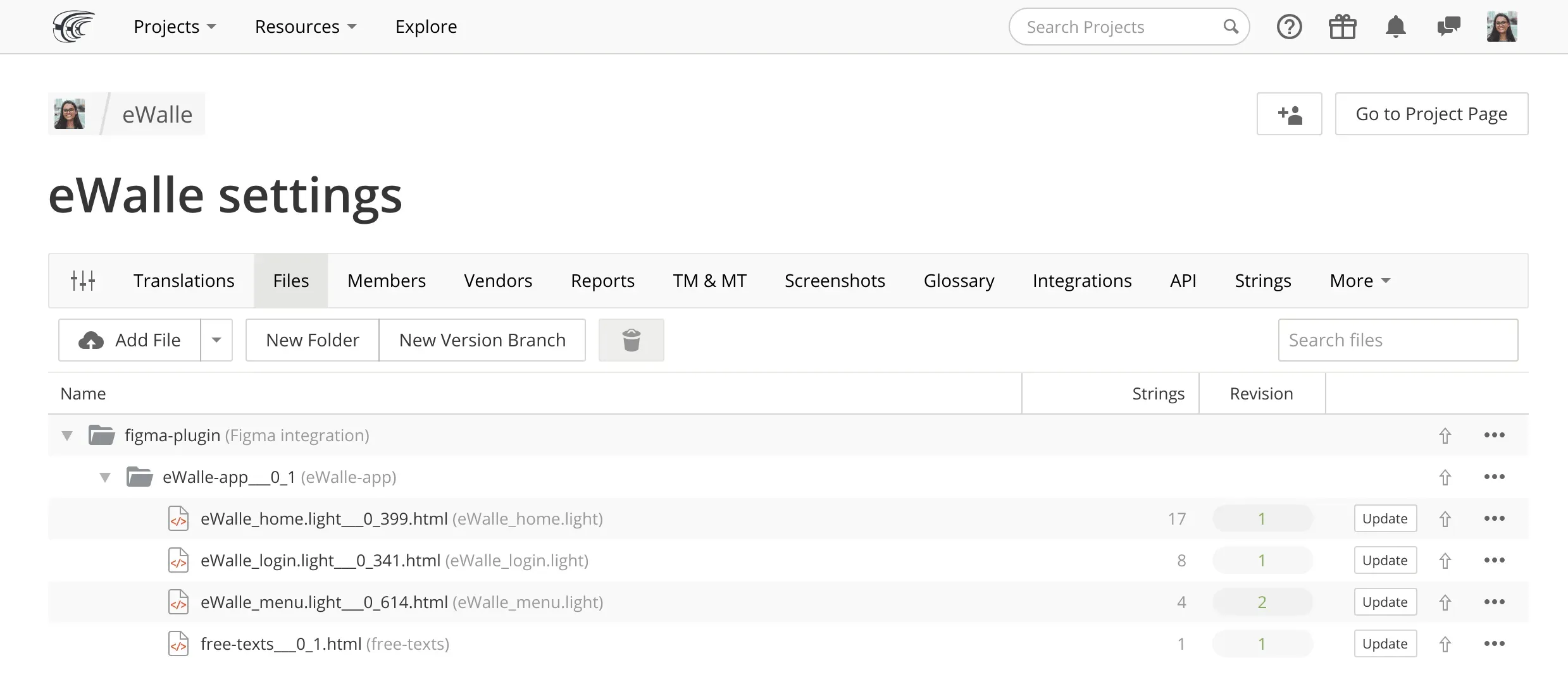 Screenshot of the Crowdin Figma plugin showing source files.
